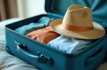 A blue travel suitcase lying open on the bed, with clothes and a straw hat in it