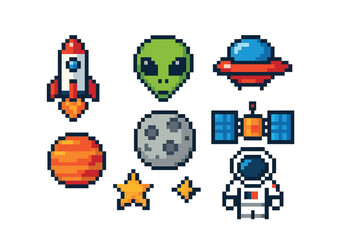 Retro space adventure with pixel art spaceship, alien, and astronaut