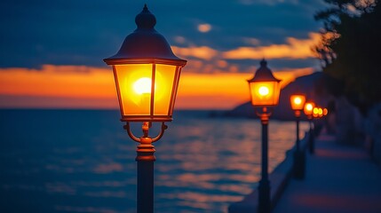 Obraz premium warm street lamps by the seaside background