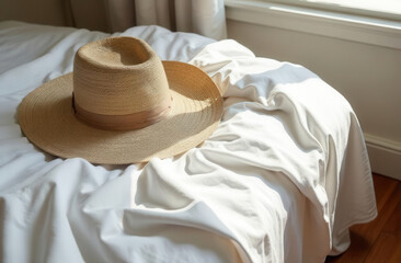 Beach Hat Lying On White Bedding In Room in the rays of the sun, Top View