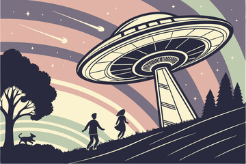Naklejka premium 81 a retro science fiction scene with a flying saucer in the night sky, surrounded by silhouettes of figures, shooting stars, and a colorful gradient sky, digital art, highly detailed, cinematic, intr