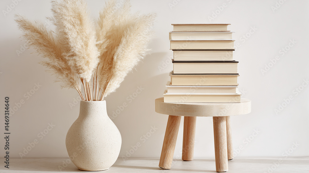 Poster beige pampas grass in a cream vase, next to a stack of books on a light wood stool, creating a minim