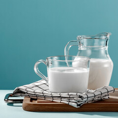 Jug of milk and a glass of milk on white table with blue wall background.