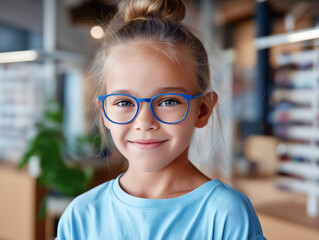 Smiling girl in blue glasses for vision correction and blue t-shirt, age 5-7