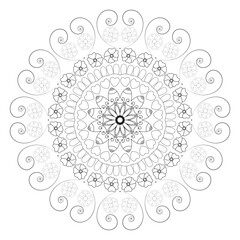 Intricate Spiral and Heart Mandala – Black and White Floral Vector Illustration for Coloring and Meditation