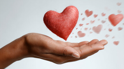 Obraz premium Hand gently holding a large, red, fuzzy heart, with smaller hearts floating away, symbolizing love, care, and Valentine's Day