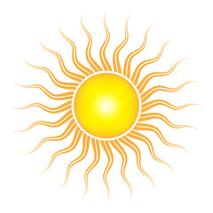 Stylized abstract sun vector icon with glowing yellow center and wavy orange rays, perfect for summer-themed designs, weather apps, or decorative graphics on transparent or white backgrounds.