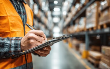 Warehouse worker completing inventory checklist on clipboard pen job vest hands boxes cargo goods