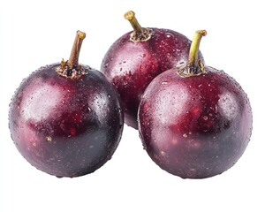 Obraz premium Fresh Plump Purple Plums with Drops of Water on White Background