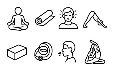 Yoga and meditation outline icons set – fitness, mindfulness, wellness symbols