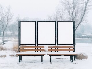 Blank outdoor advertising displays in snowy park