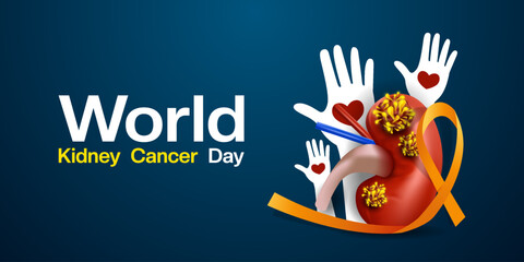 World Kidney Cancer Day. Kidney, cancer, ribbon, hand and heart. Great for posters, banners, social media and more. Blue background.