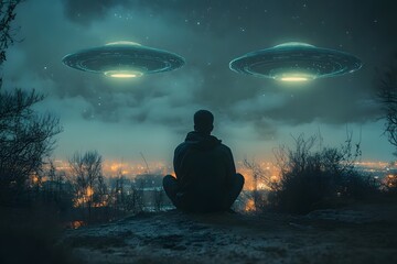Silhouette of Man Watching UFOs in Night Sky with Stars and Clouds