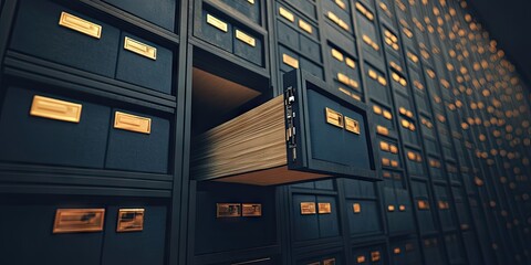 Organized archive of documents in metal cabinets