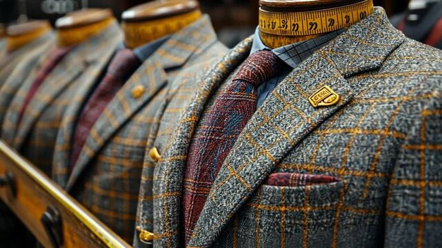 Elegant Men's Suits Displayed on Wooden Mannequins in a Tailoring Shop