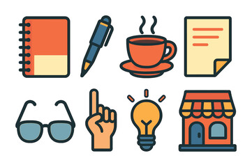 Business and office outline icons set – vector, flat, work and productivity symbols