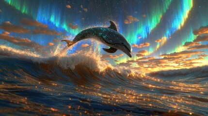 Obraz premium Dolphin leaps over waves against a vibrant aurora borealis sunset
