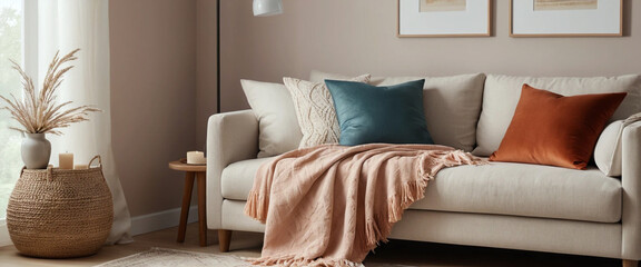Cozy Living Room Interior with Soft White Sofa, Muted Velvet Pillows, and Warm Textured Throw Blankets – Hygge Inspired Home Decor and Relaxing Atmosphere – Generative AI
