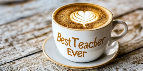 Close up of a coffee cup with best teacher ever message and heart latte art on a wooden table