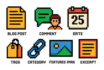 Fototapeta premium Pixel art icons for blog management and content organization