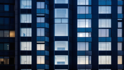 Obraz premium Symmetrical Urban Architecture with Blue Window Lights on Contemporary Building