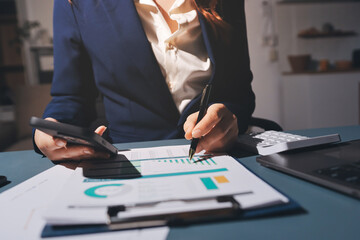 Expert woman asian female people review data number costing managerial account prepare monthly...