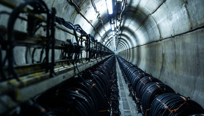 Fototapeta premium A compact underground tunnel with white walls, power cables mounted on supports, and cool white fluorescent lighting.