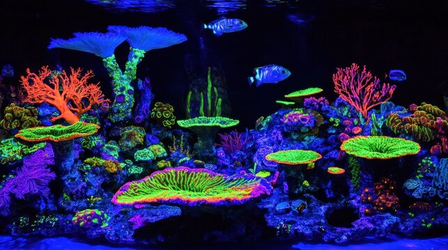 Vibrant coral reef illuminated in fluorescent colors
