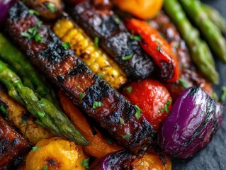 Grilled vibrant vegetables including zucchini asparagus peppers and tomatoes served on a dark slate plate creating a delicious healthy culinary masterpiece perfect for summer gatherings