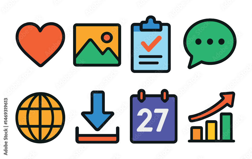 Poster communication and data icons set – flat, outline, chat and analytics graphics