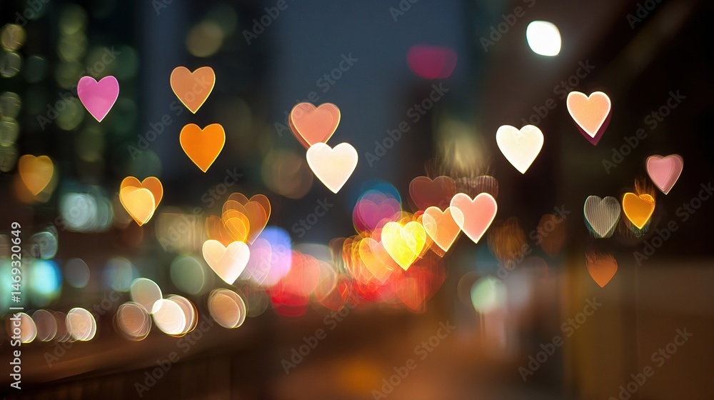 Poster romantic heart shapes with bokeh background in urban setting