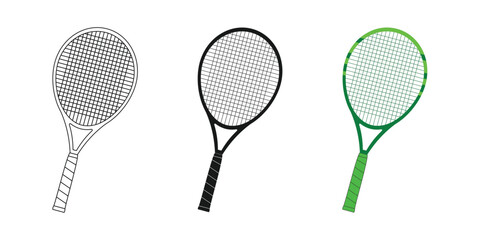 tennis racket design set, line style, black and colored. editable vector eps 10