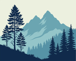 Fototapeta premium high-contrast vector silhouette of a mountain range with pine trees, centered on a plain sky gradient background. Use a naturalistic style. 