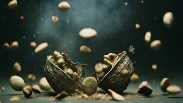 Exploding walnut shell with scattered nuts and dust against a dark background
