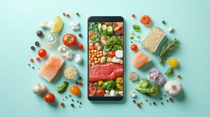 A smartphone showing an online food market with various fresh ingredients and ready meals for delivery, modern and sleek on a pastel blue background 