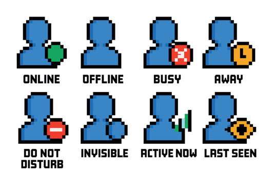 User status pixel art icons set – online, offline, communication badges