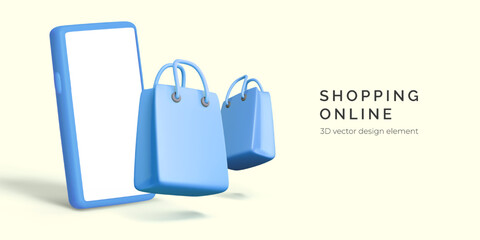 Shopping, Online, and Mobile Commerce Concept with 3D Smartphone and Shopping Bags, Perfect for E-Commerce, Retail, and App Design. Clean Modern Vector Illustration