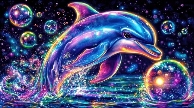 Vibrant dolphin leaping through a colorful sea of bubbles