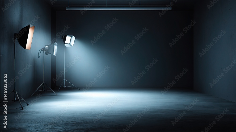 Poster soft lighting setup in studio with dark background and shadows