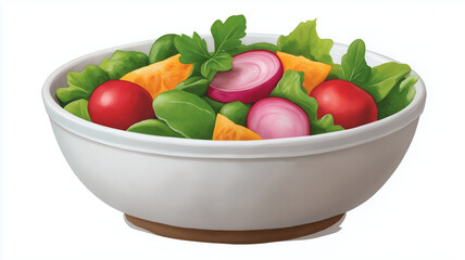 Fresh vegetable salad in white bowl with leafy greens, cherry tomatoes, red onion slices, and orange bell pepper pieces, offering healthy and colorful meal option