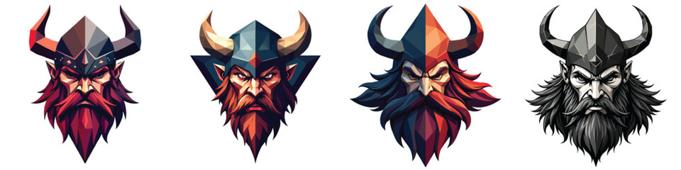 Low-poly Set of Norse berserker face in a vector illustration against a Transparent or white background, A trendy and modern logo design, making it suitable for printing.