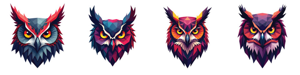 Fototapeta premium Set of 4 Stylized Owl Head Vector Illustrations with Vibrant Colors