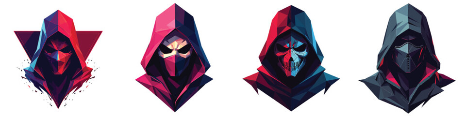 Low-poly Set of cyberpunk assassin mask in a vector illustration against a Transparent or white background, A trendy and modern logo design, making it suitable for printing.