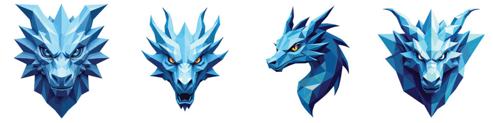 Low-poly Set of ice dragon face in a vector illustration against a Transparent or white background, A trendy and modern logo design, making it suitable for printing.