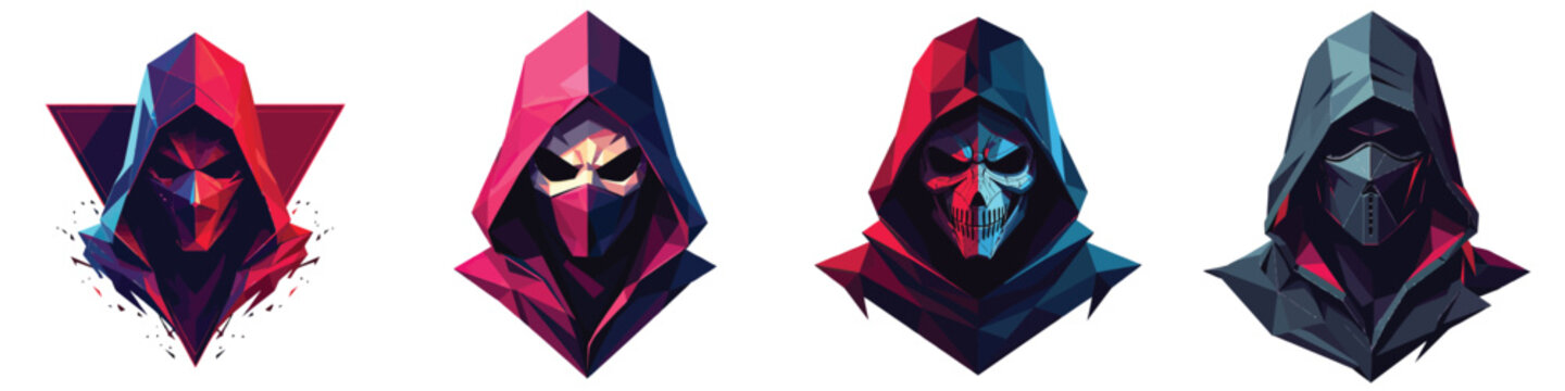 Low-poly Set of cyberpunk assassin mask in a vector illustration against a Transparent or white background, A trendy and modern logo design, making it suitable for printing.