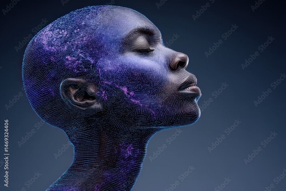 Poster profile portrait of a woman with cosmic patterns on her face reflecting a deep connection to the uni