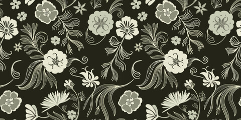Fototapeta premium Handcrafted Repeating Floral Pattern On A Dark Background. Key Elements Include: