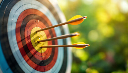 close-up of target board with arrows in bullseye, bright natural light.