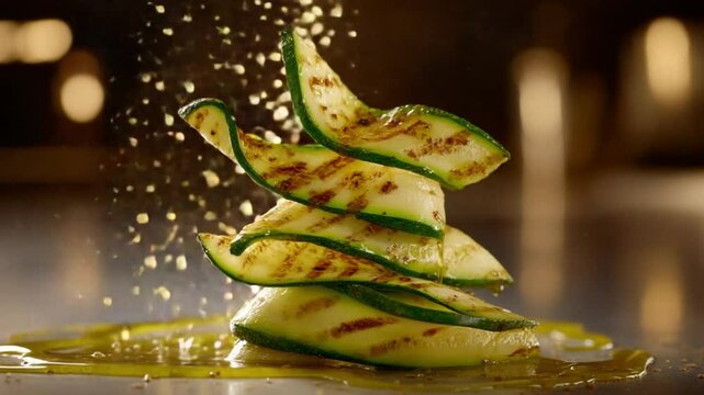 Grilled zucchini slices stacked elegantly with oil drizzle, warm kitchen ambiance in background
