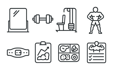 Fitness and gym line icons set – outline, workout, exercise and training symbols